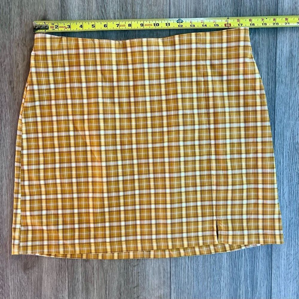 Topshop Women's Yellow Plaid Side Slit Elastic Waist Pull On Mini Skirt Size 14‎